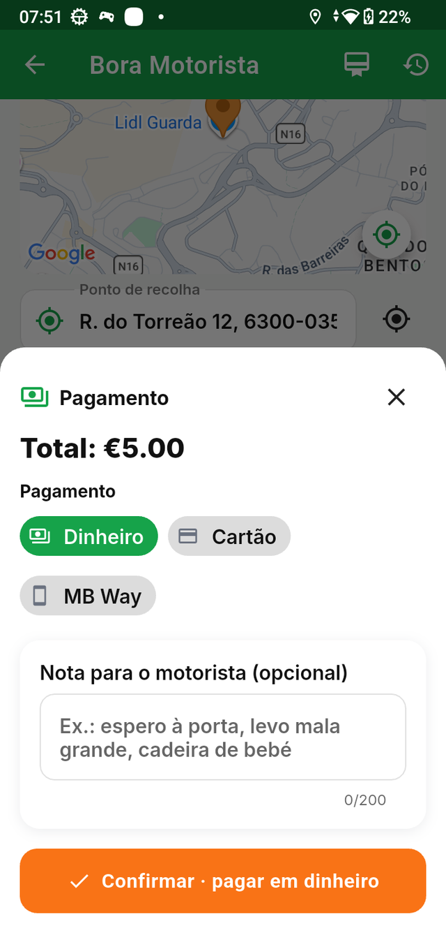 Ecrã de pagamento do Bora App com cartão, MB Way e dinheiro