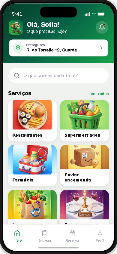 Ecrã principal da app Bora com as categorias disponíveis na Guarda